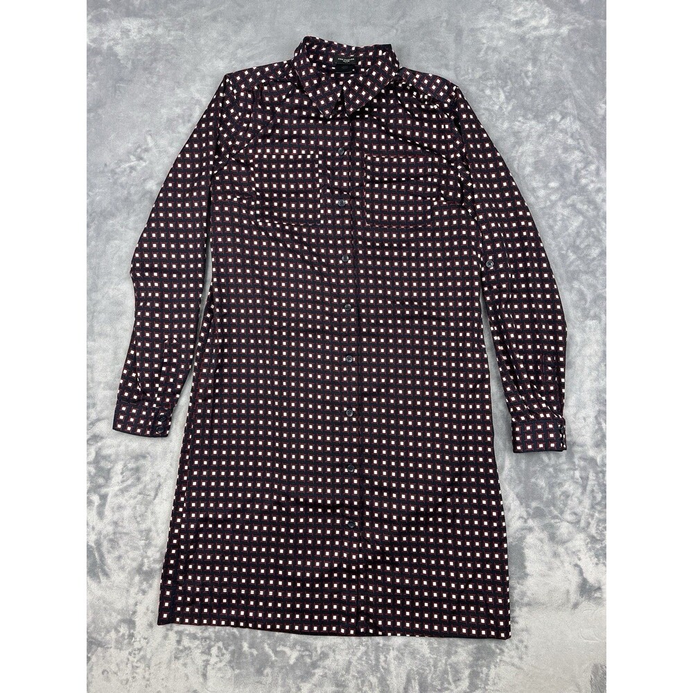 Ann Taylor Petite Shirt Dress Womens XSP Navy Burgundy Button Up Geometric